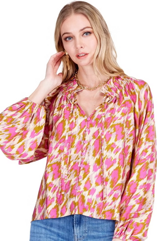 Elastic Neck Peasant Top Magenta Splash