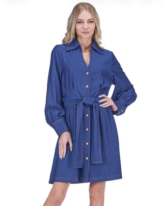 Collar Waist Pleated Shirtdress Denim Jade