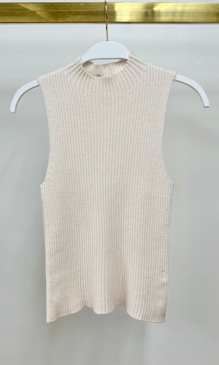 Ribbed Mock Neck Sleeveless Top Ivory Milio Milano