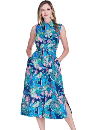 Pocket Slit Midi Shirtdress Vivid Vines Jade