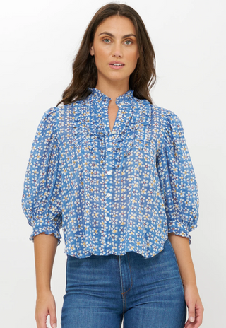 Ruffle Front Button Blouse Aster Blue Oliphant