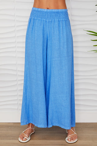 Linen Smocked Waist Palazzo Pant Cerulean Blue Milio