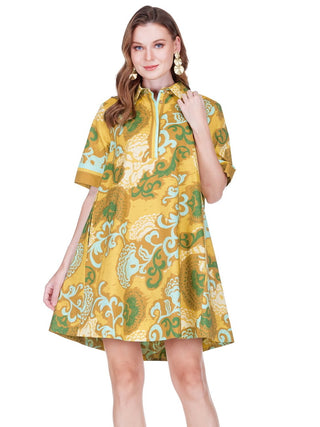 Placket Swing Dress Saffron Scroll Joy Joy