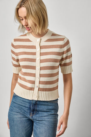 Elbow Sleeve Button Cardigan Fawn Stripe Lilla P
