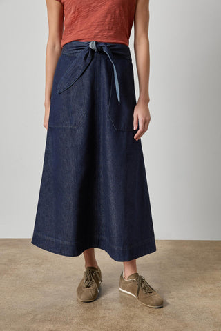Belted Pocket Front Skirt Dark Wash Blue Lilla P