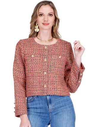 Tweed Buttons Crop Jacket Multi Tweed Jade