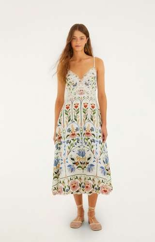 farm rio white midi dress Farm Rio Women's Richilieu Embroidered V-Neck Midi-Dress - Off White
