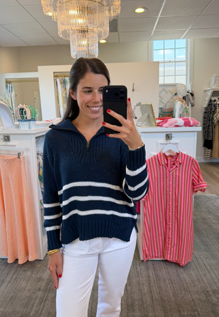 Highline Blue/ Breaker White Petra Striped Zip Top Wooden Ships