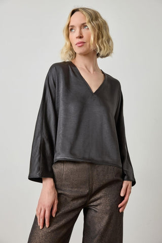 Satin V Neck Dolman Top Black Lilla P