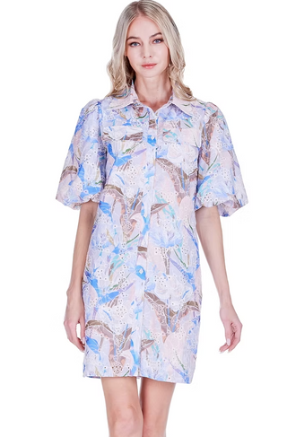 Puff Sleeve Fitted Shirtdress Vintage Mist Eyelet Joy Joy