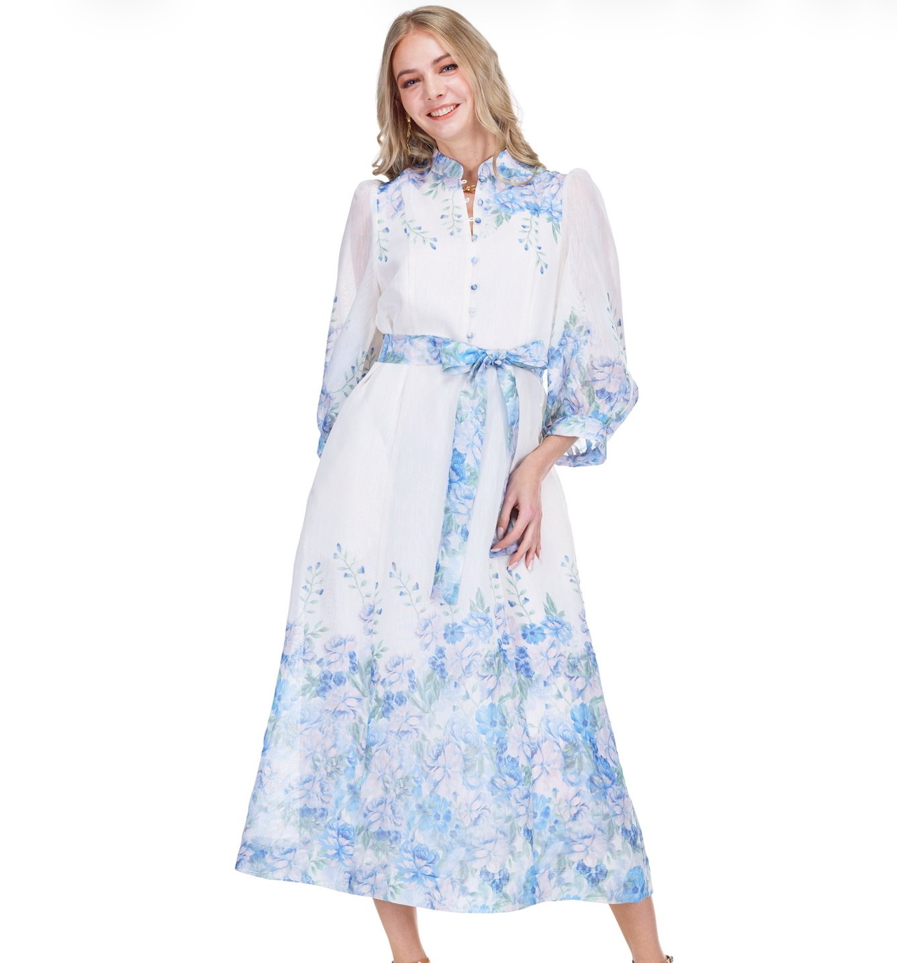 Stand Collar A line Dress Blue Wildflower Jade