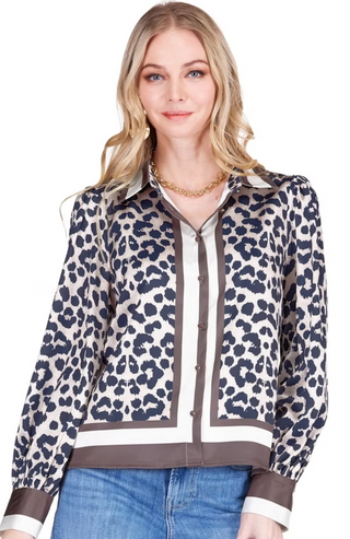 Puff Sleeve Blouse Leopard Border