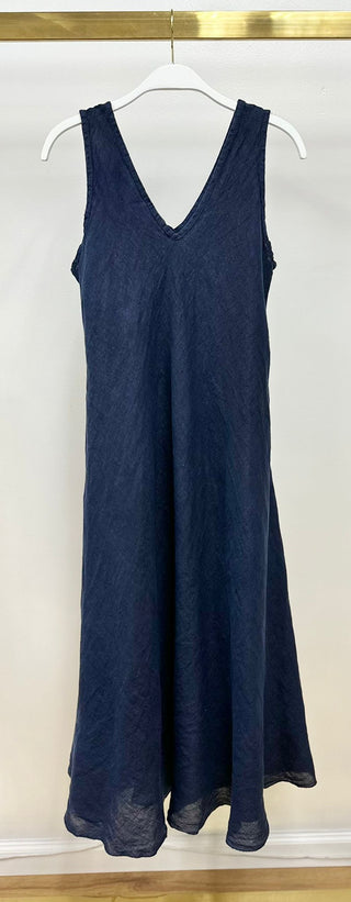 Italian Linen Maxi V-Neck Dress Navy Blue Milio Milano