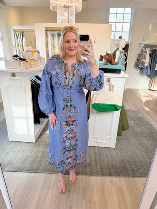 Garden Tapestry Blue Embroidery Long Sleeve Midi Dress Farm Rio