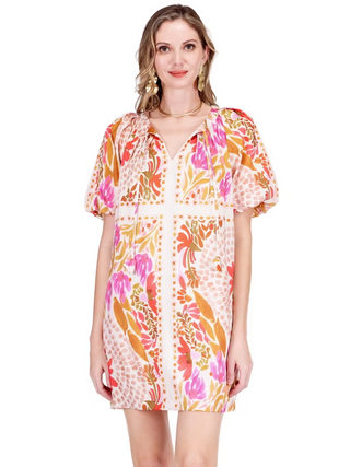 Pleated Split Neck Dress Floral Scarf Jade