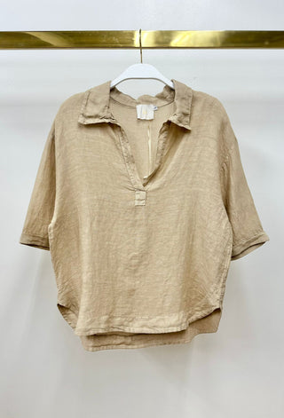 Moneral Wash 3/4 Sleeve Notch Collar Top Earth Beige Milio Milano