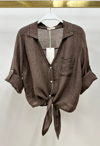 Linen Front Tie Button Shirt Chocolate Brown Milio Milano