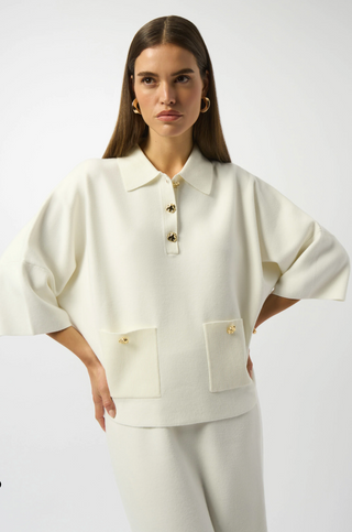 Sweater Knit Boxy Pullover With Polo Collar Winter White Joseph Ribkoff