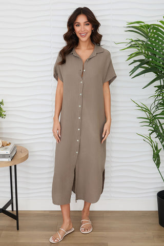 Gauze Short Sleeve Button Down Long Dress Mocha Milio Milano