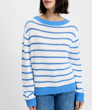 Teddy Knit Open Strip Pullover Summer White/Blue Hydrangea French Connection