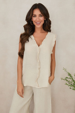 Ruffle Edge Linen Sleevless Top Beige Milio Milano