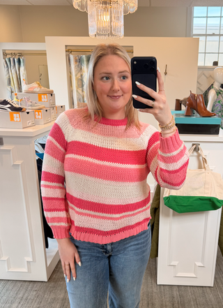 Inez Striped Raglan Chunky Cotton Crew Pretty Pink Stripe Wooden Ships