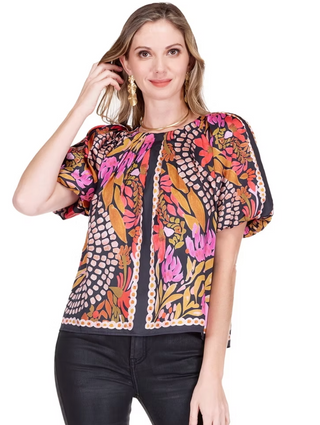 Pleated Puff Sleeve Top Paved Petals Jade