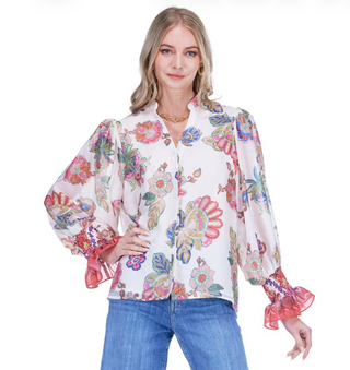 Split V Neck Blouse Briar Bloom Jade