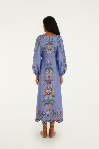 Garden Tapestry Blue Embroidery Long Sleeve Midi Dress Farm Rio