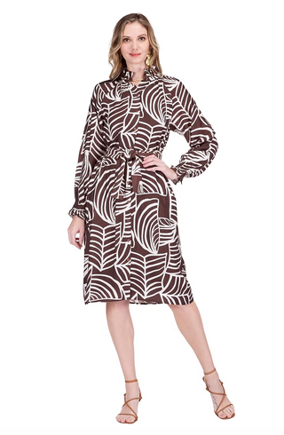 Gathers Neck Midi Dress Brown Ferns Jade