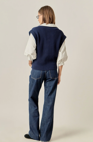Navy Sweater Vest Button Down Top English Factory