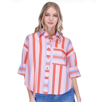 Button Short Sleeve Shirt Red Stripe Joy Joy