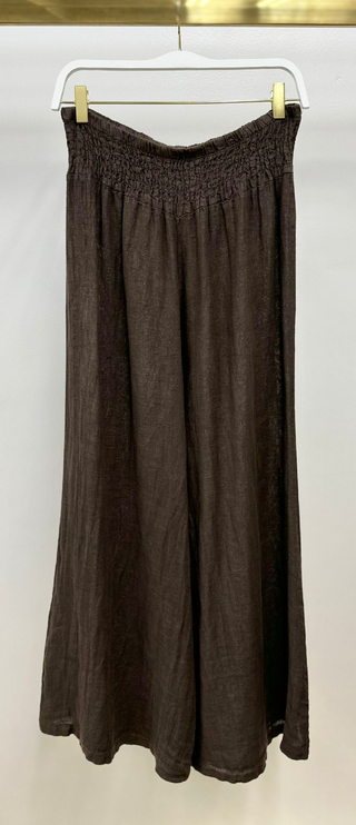 Linen Smocked Waist Palazzo Pant Chocolate Brown Milio Milano