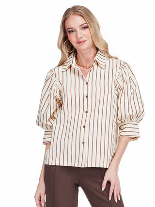 Puff Sleeve Shirt Brown Stripe Jade