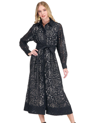 Pleated Waist 50" Shirtdress Black Burnout Pattern Jade