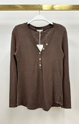 Cotton Baby Rib Long Sleeve V-Neck Henley Top Chocolate Brown Milio Milano