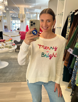 Merry & Bright Embroidered Crew Cotton-Breaker White Multi Wooden Ships