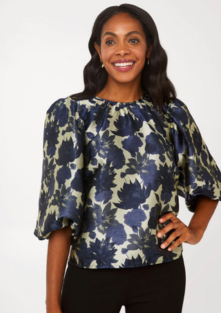 Hadley Top Navy Ivory Floral Abbey Glass